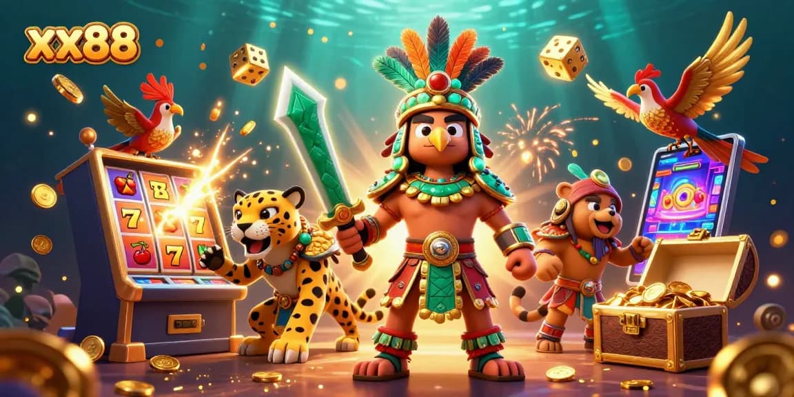 Experience xx88's thrilling casino adventure with Aztec warriors amidst vibrant jackpot symbols.