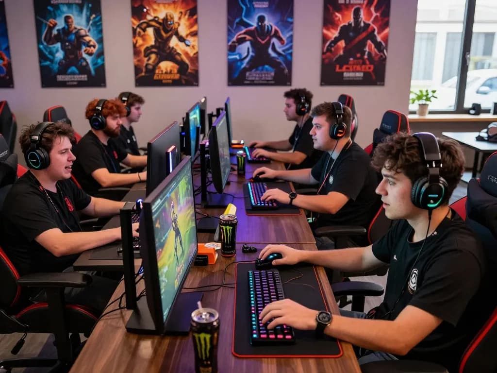 Exciting online gaming scene with players engaged in multiplayer battles at vibrant gaming desks, showcasing the go88 dynamic gaming atmosphere.