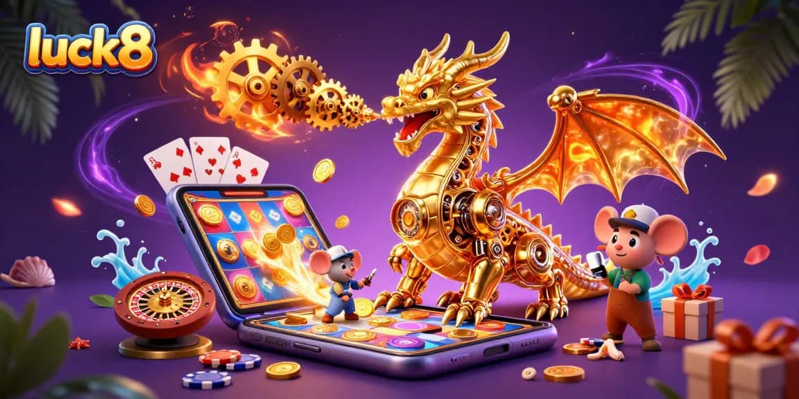 Engage in dynamic slots gameplay with luck8, featuring a golden dragon and thrilling casino elements.