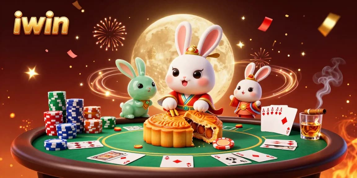 Win big at iwin casino with a vibrant scene of poker chips and moon rabbits.