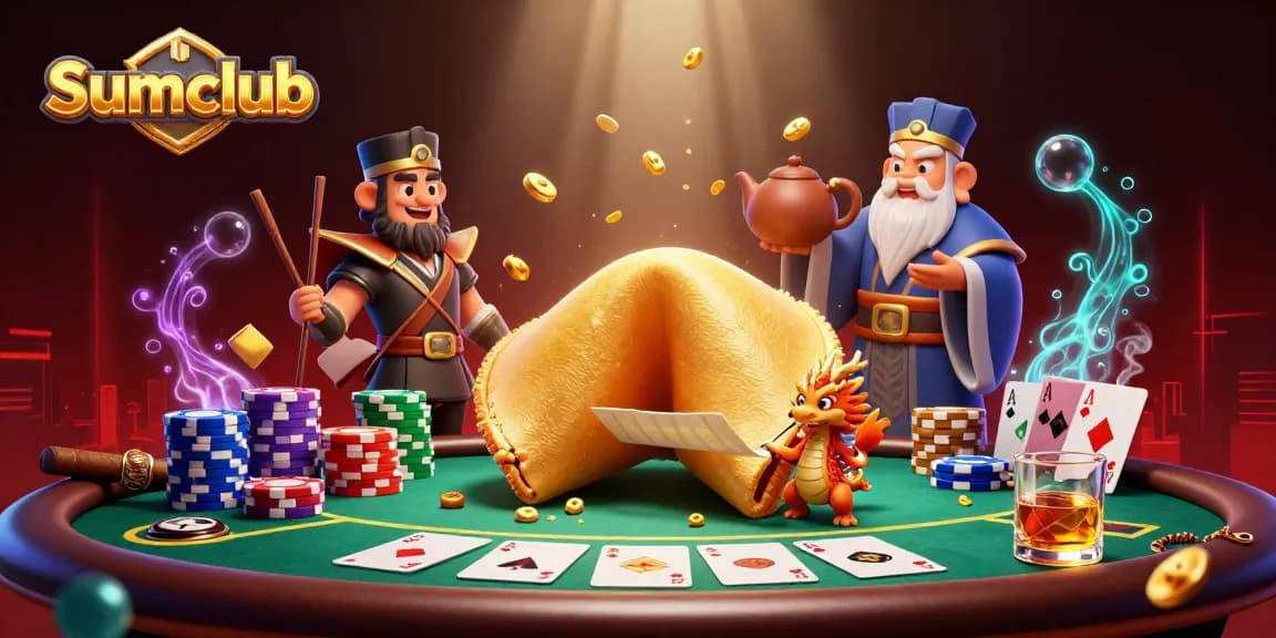 Engage in thrilling gameplay at Sumclub with a vibrant 3D illustration of a golden fortune cookie and poker elements.