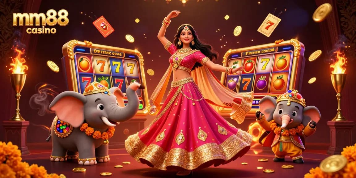 Engage with the vibrant mm88 casino atmosphere showcasing a beautiful woman and dynamic game elements.