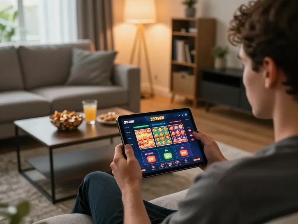 Engaging gameplay with the 3333WIN casino app on a tablet, warm home atmosphere.