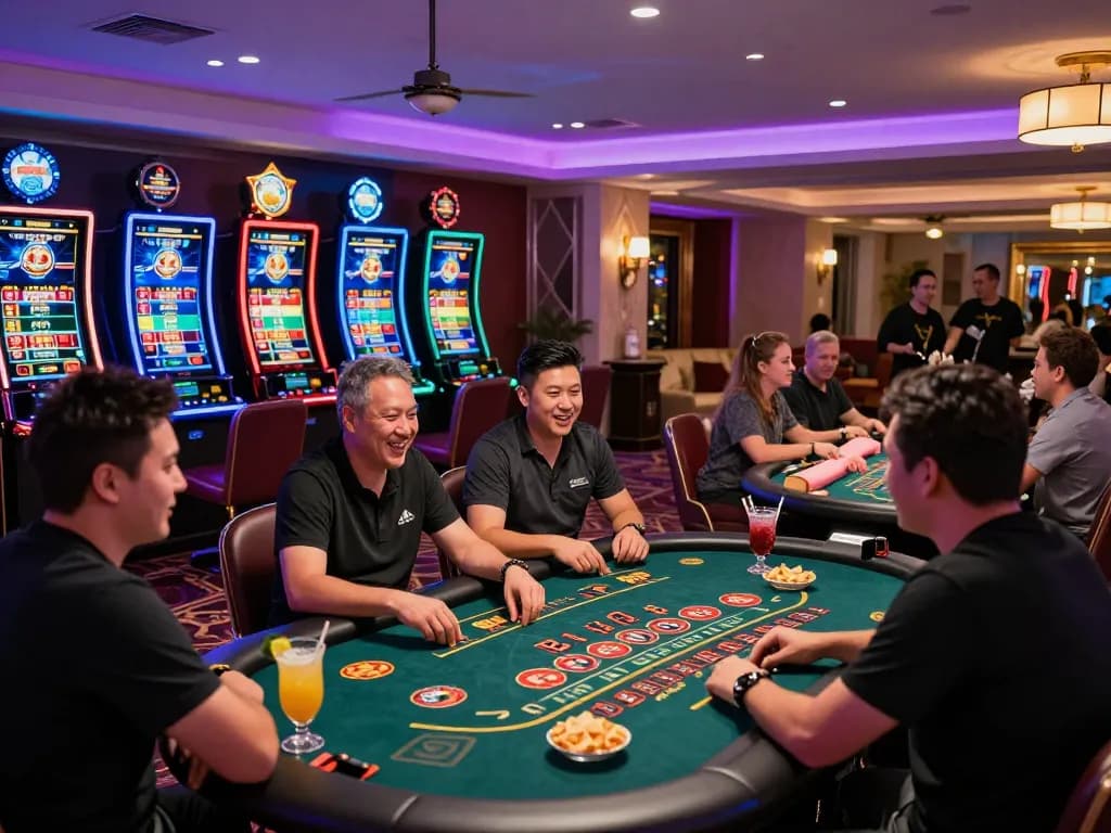 Players enjoying games at MM88 online casino with glamorous setup and vibrant atmosphere.