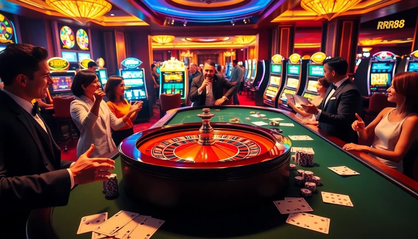 Players enjoying a thrilling roulette game at RR88, decked out with poker chips and betting slips.