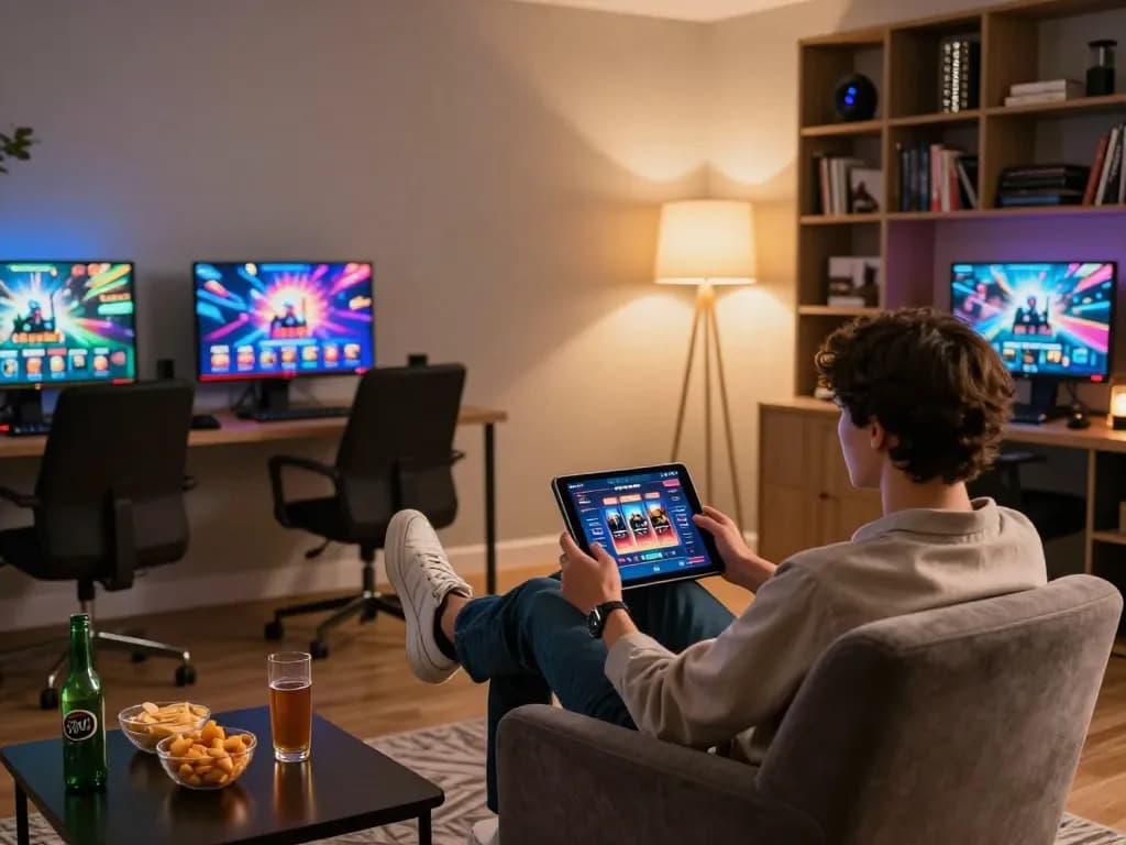 Person engaging with 79sodoe mobile app tablet interface in a cozy home gaming setup
