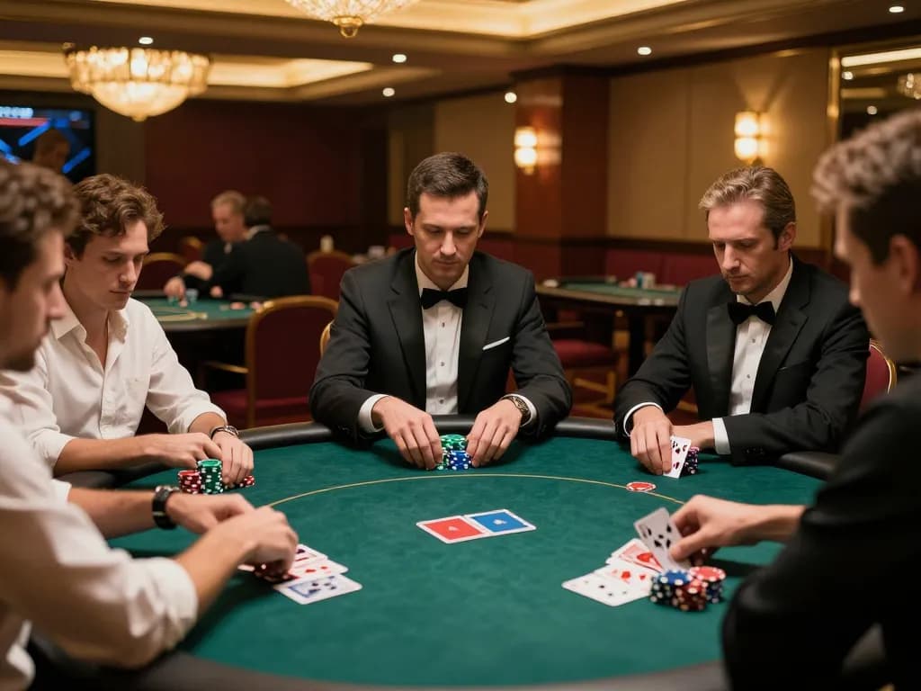Players strategizing during an exciting poker game at 88vv's luxurious casino, immersed in gameplay.