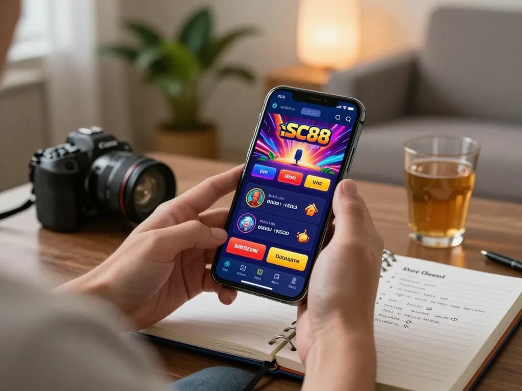 Engaged user betting on SC 88 app in a cozy home setting, reflecting the excitement of online gaming.