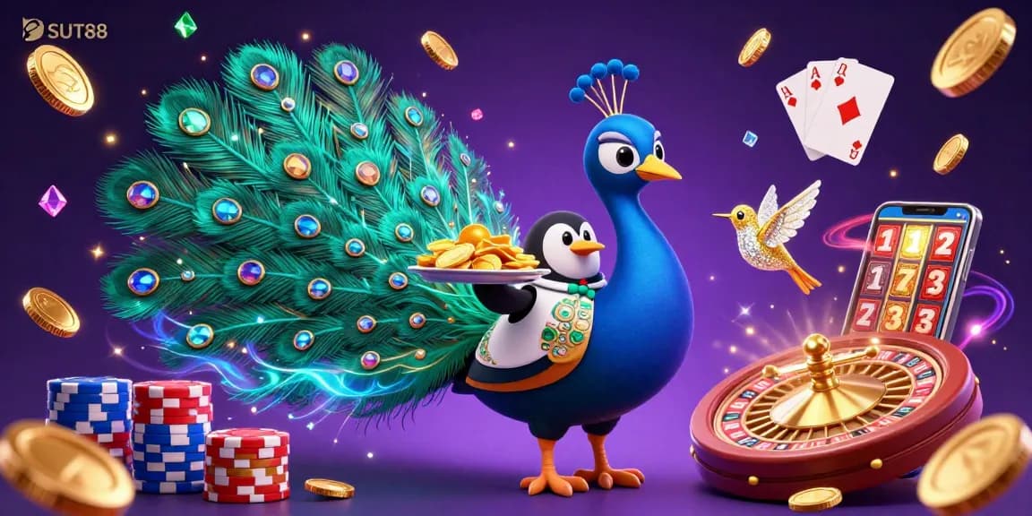 SUT88 combines vibrant casino elements, showcasing a peacock, penguin, and hummingbird amidst dynamic gaming features.