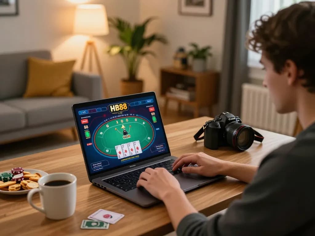 Player engaging with HB88 online poker game from a cozy home setup, displaying strategic gameplay.