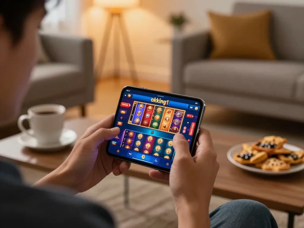 Engaging gameplay on okking1 casino app, showcasing vibrant slot graphics while enjoying snacks at home.