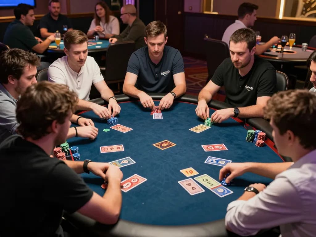 Players engaging in strategic poker gameplay at QQ88 table with chips and cards in action.