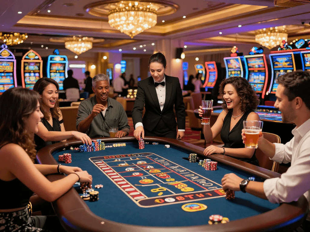 Experience the excitement of KOMBET168 at a vibrant casino with diverse players celebrating wins.