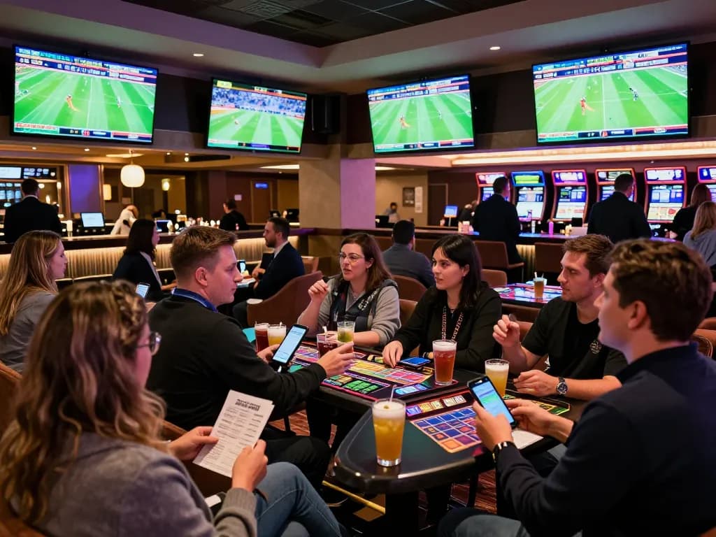 Engaged sports bettors analyzing odds on keo nha cai 5 at an upscale casino lounge
