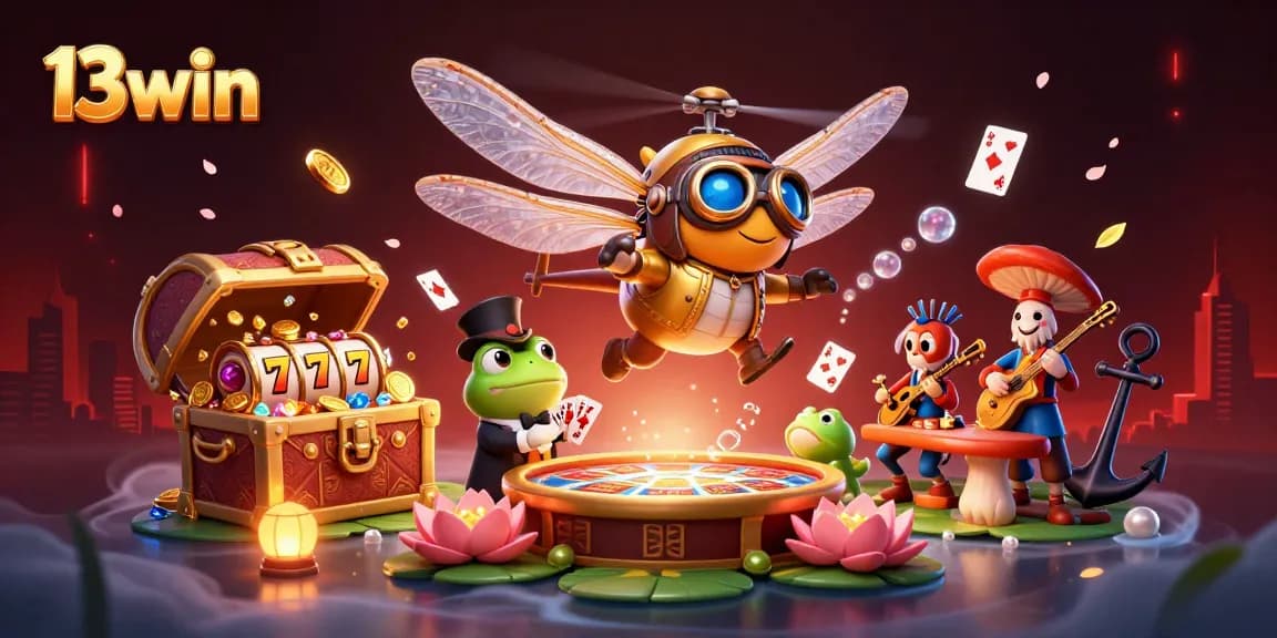 Experience high-stakes fun with 13win as a dragonfly pilot hovers over a vibrant casino scene.