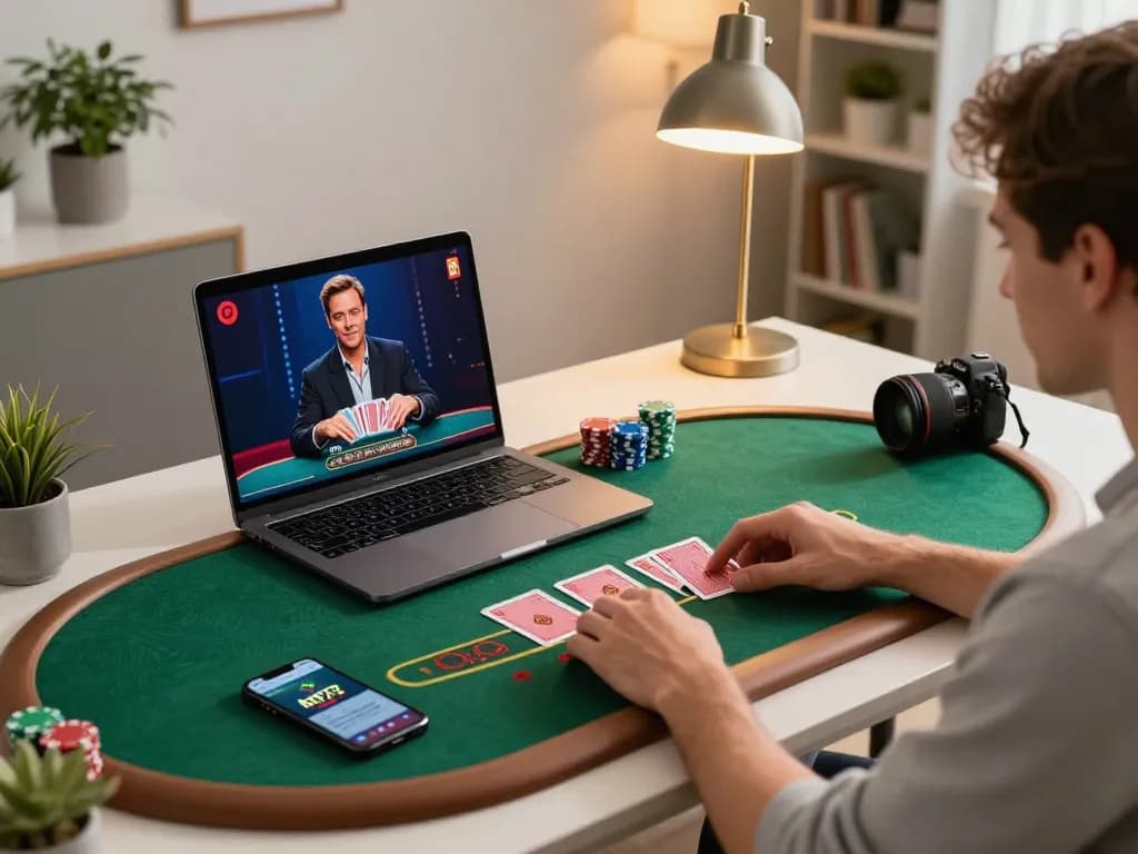 Person engaging in live dealer blackjack on km777 app at home, showcasing strategic online gaming.