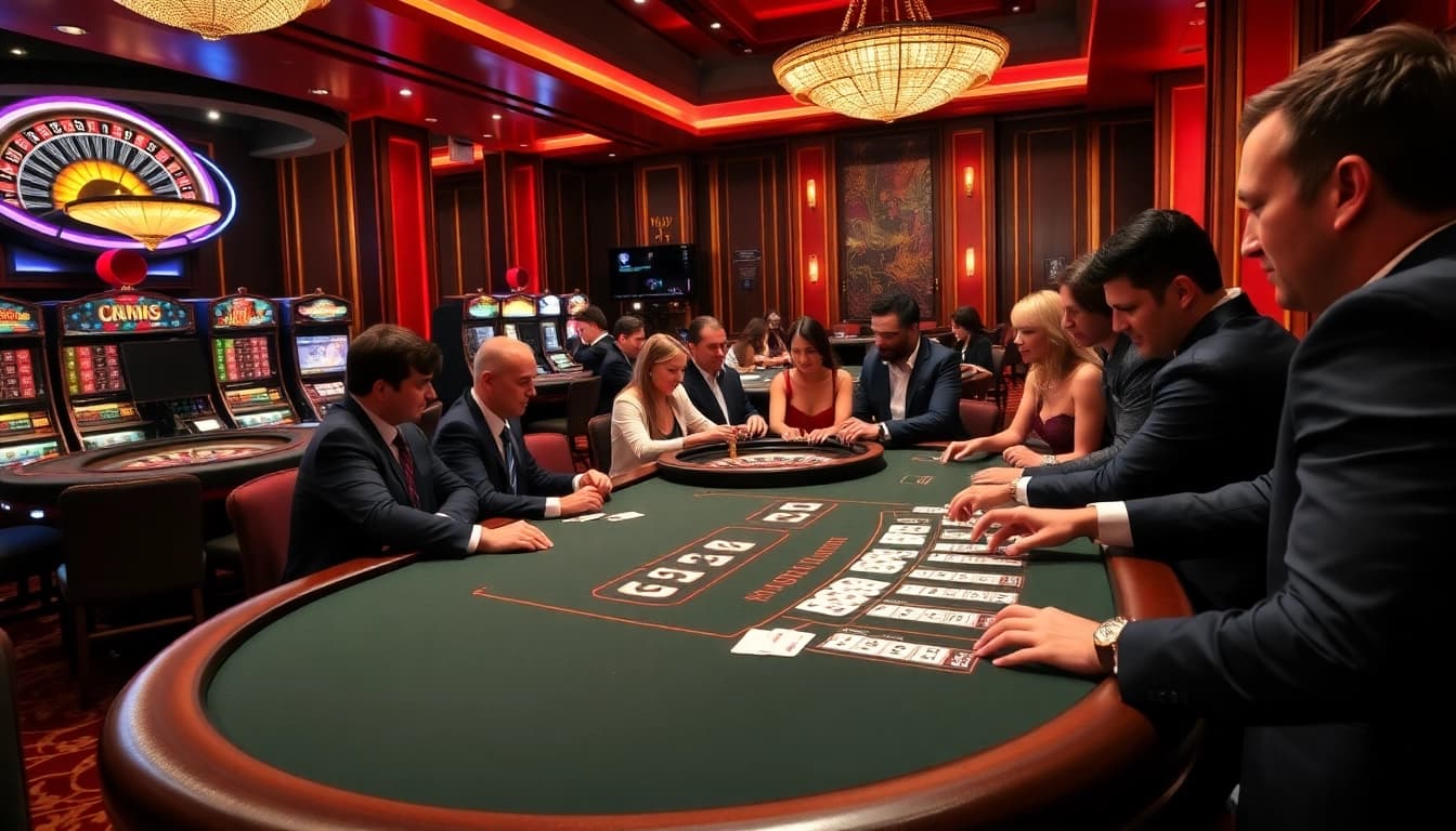 Excited players betting at c168.com in a luxurious poker room with vibrant lighting and elegant decor.