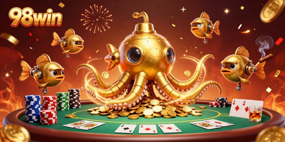 Join the thrill of poker at 98win, featuring a golden kraken submarine and rich casino elements.