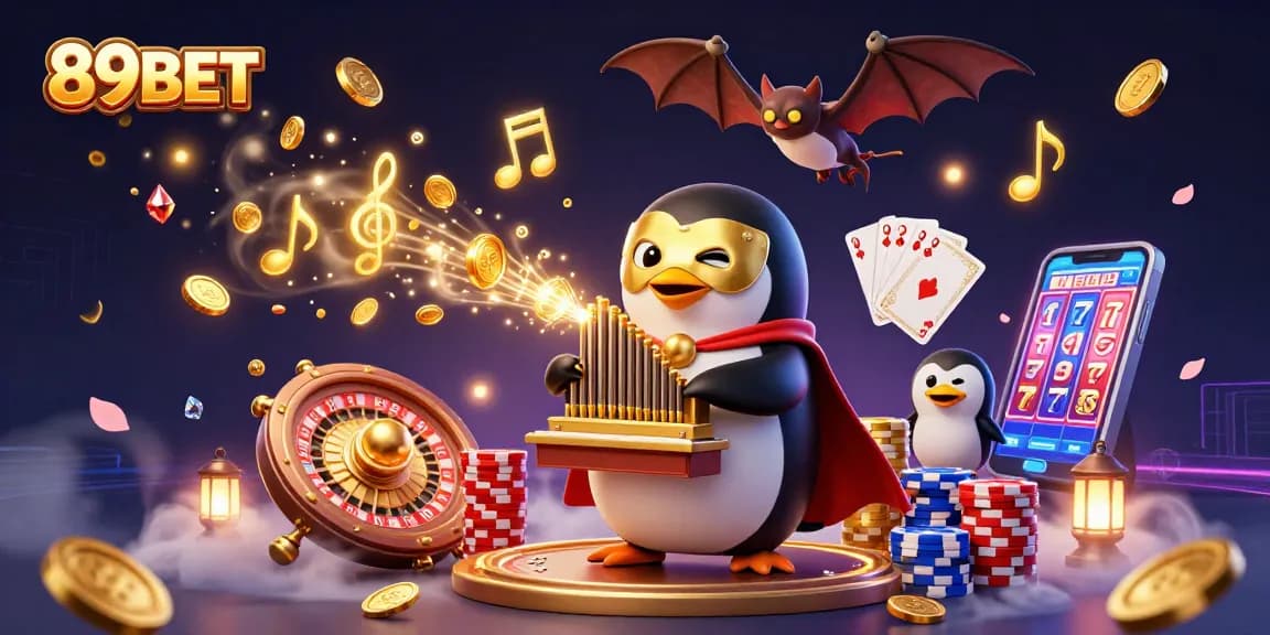 Experience the thrill of 89BET with cascading coins and a 3D penguin organist, lively gambling scene.