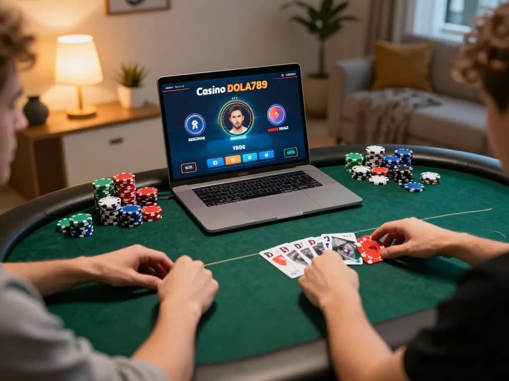 Engaging online poker gameplay scene at home featuring Casino DOLA789 interface for strategic fun.