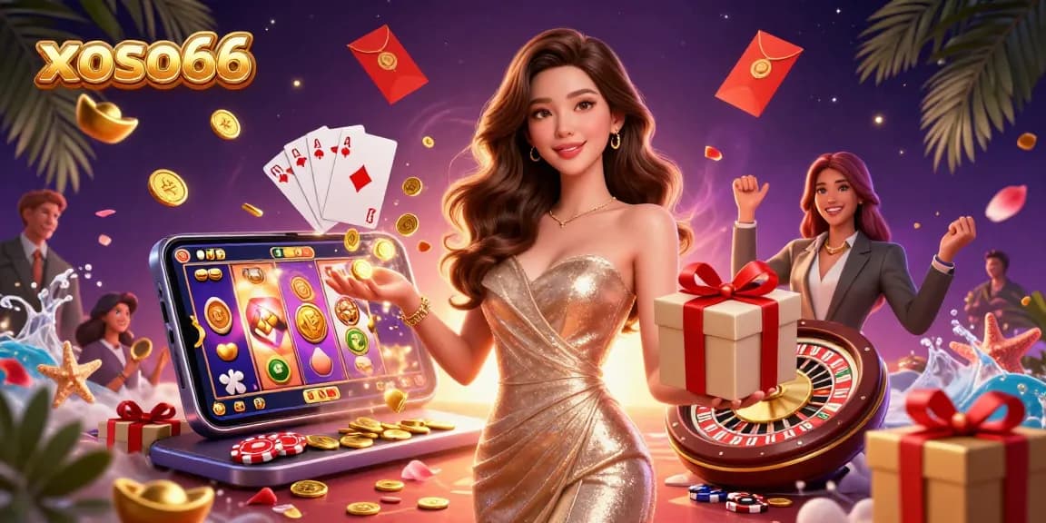 Experience thrilling gameplay at xoso66 with an elegant woman celebrating amidst golden coins, gifts, and festive decorations.