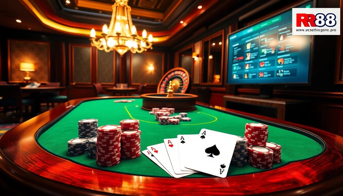 Playing poker at https://rr88c.pro/ amidst vibrant chips and a spinning roulette wheel.