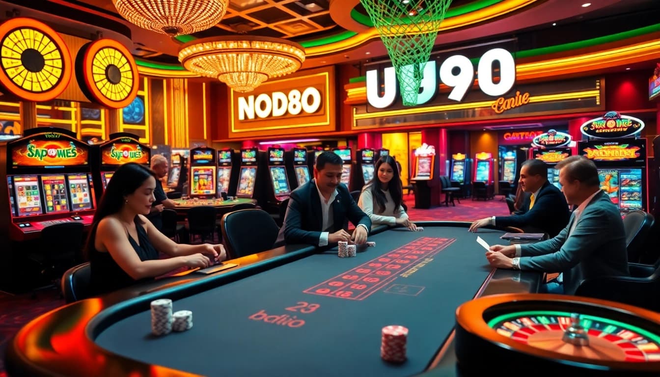 Nohu90 casino scene with players enjoying poker at a modern table, surrounded by vibrant slot machines and roulette wheels.