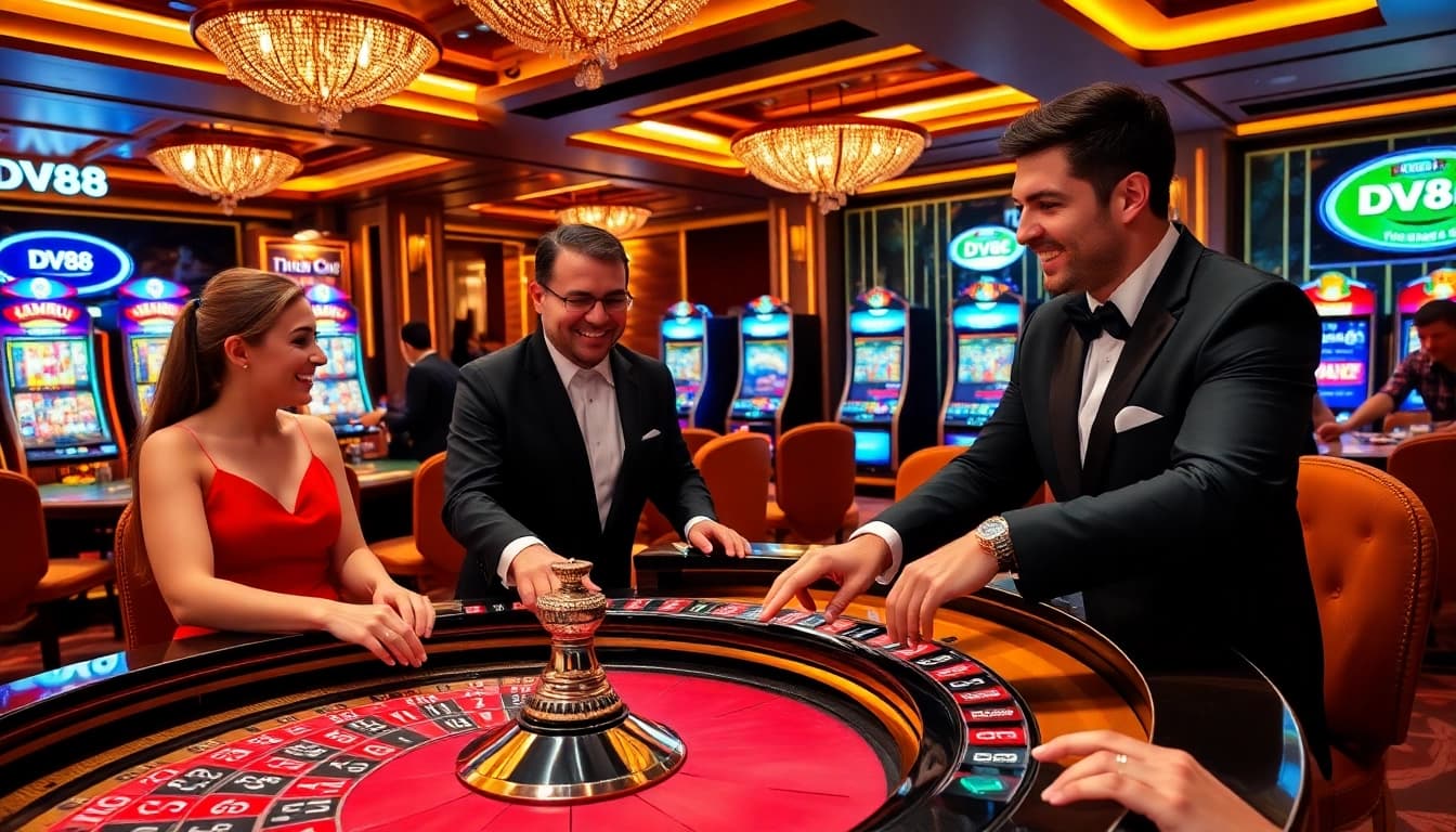 DV88 gamblers enjoying a thrilling atmosphere at the roulette table and slot machines.