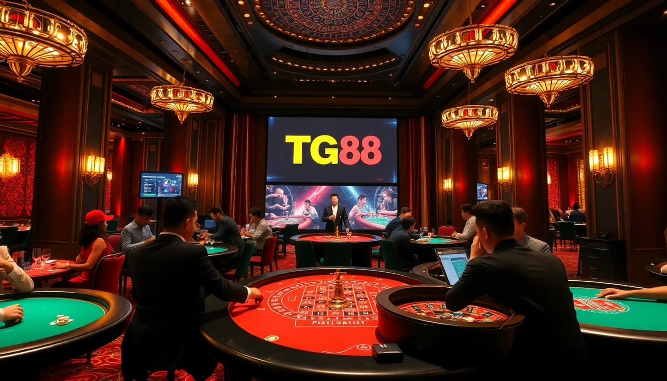 A thrilling glimpse of players at the trang chủ TG88 online casino, showcasing high-stakes games and vibrant atmosphere.