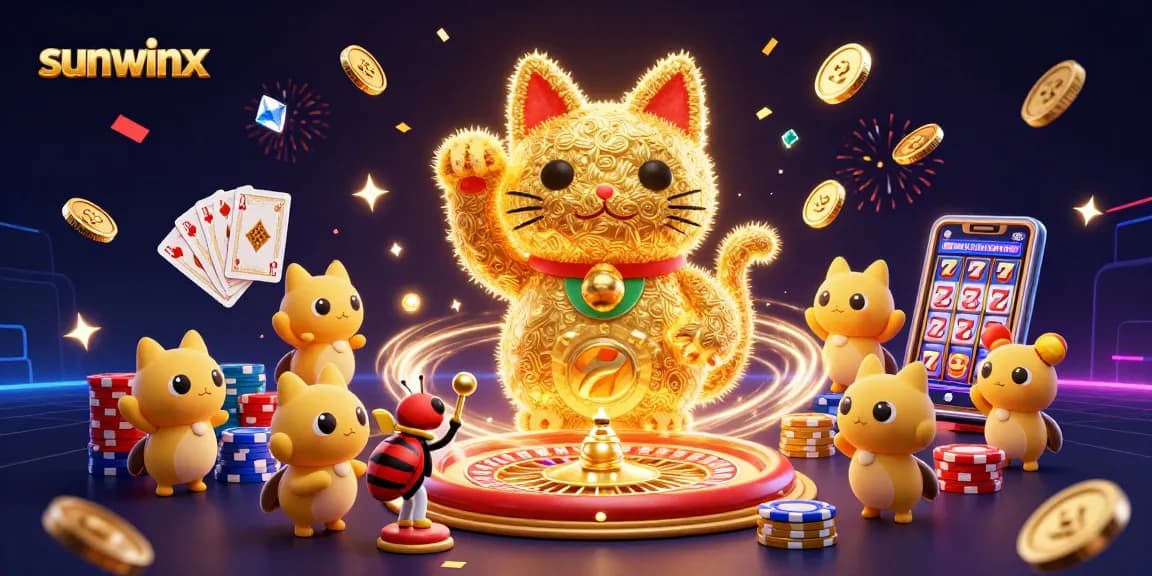 Engage with sunwinx's dynamic gaming world featuring a lucky cat, coins, and cards.