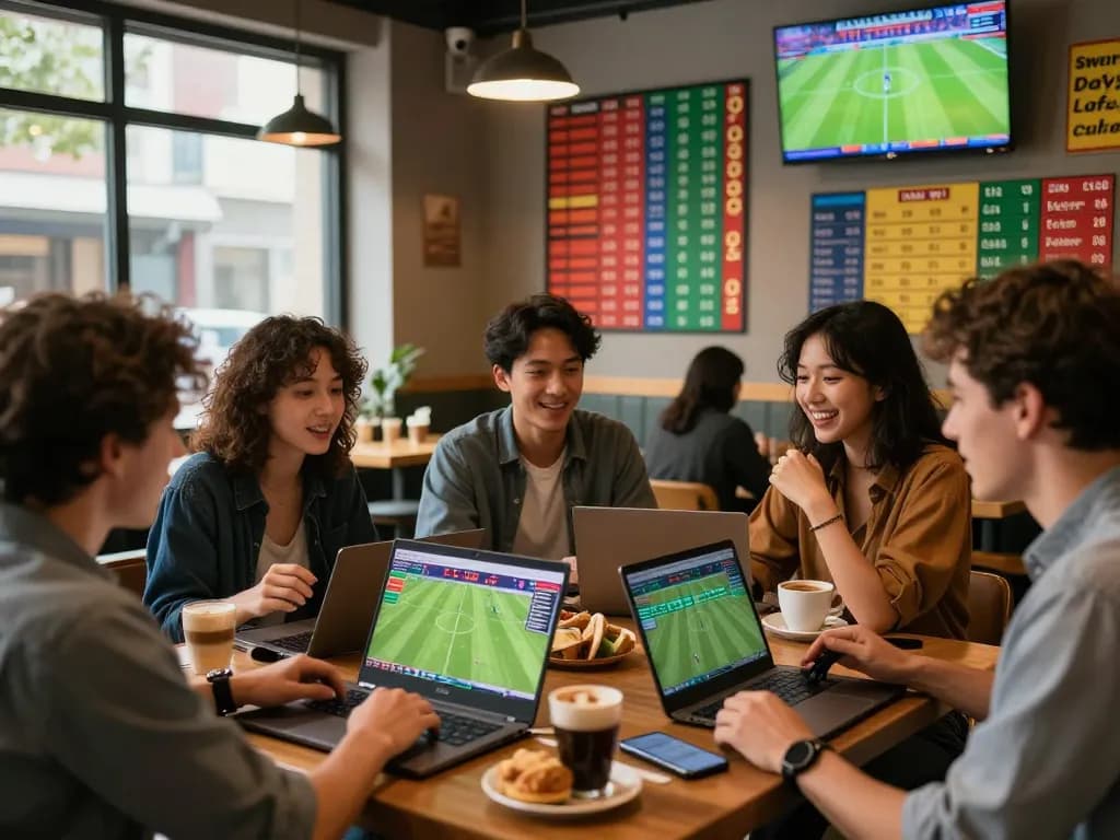 Tỷ lệ kèo displayed on laptops at a lively sports café with friends discussing bets.