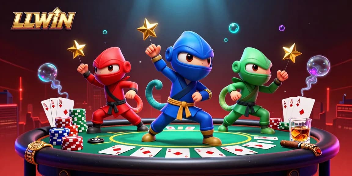 LLWIN showcases a vibrant scene with ninja chameleons and poker elements amidst atmospheric effects.