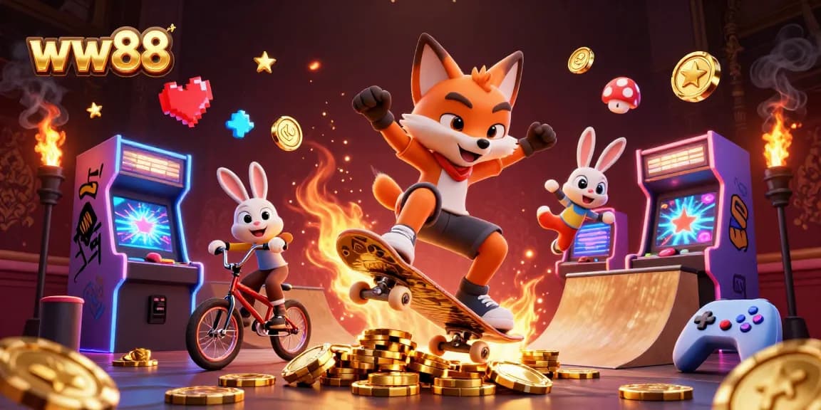 Engage with ww88's vibrant casino games, featuring a dynamic fox and rabbit in an exciting 3D scene.