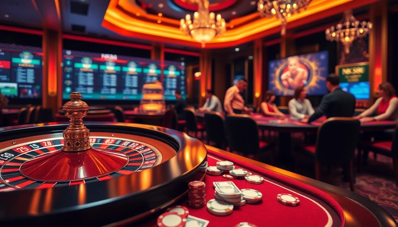 Experience the excitement of nk88 in a luxurious casino setting with roulette and poker tables.