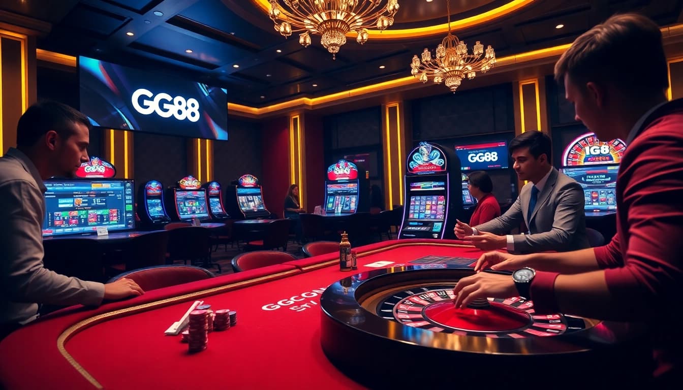 GG88 com online gambling platform featuring a vibrant casino setup with poker, roulette, and slots.
