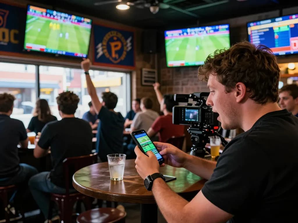 Tỷ lệ kèo nhà cái hôm nay reflected in a thrilling sports betting scene, with a person engaging actively with their betting app while watching live sports.
