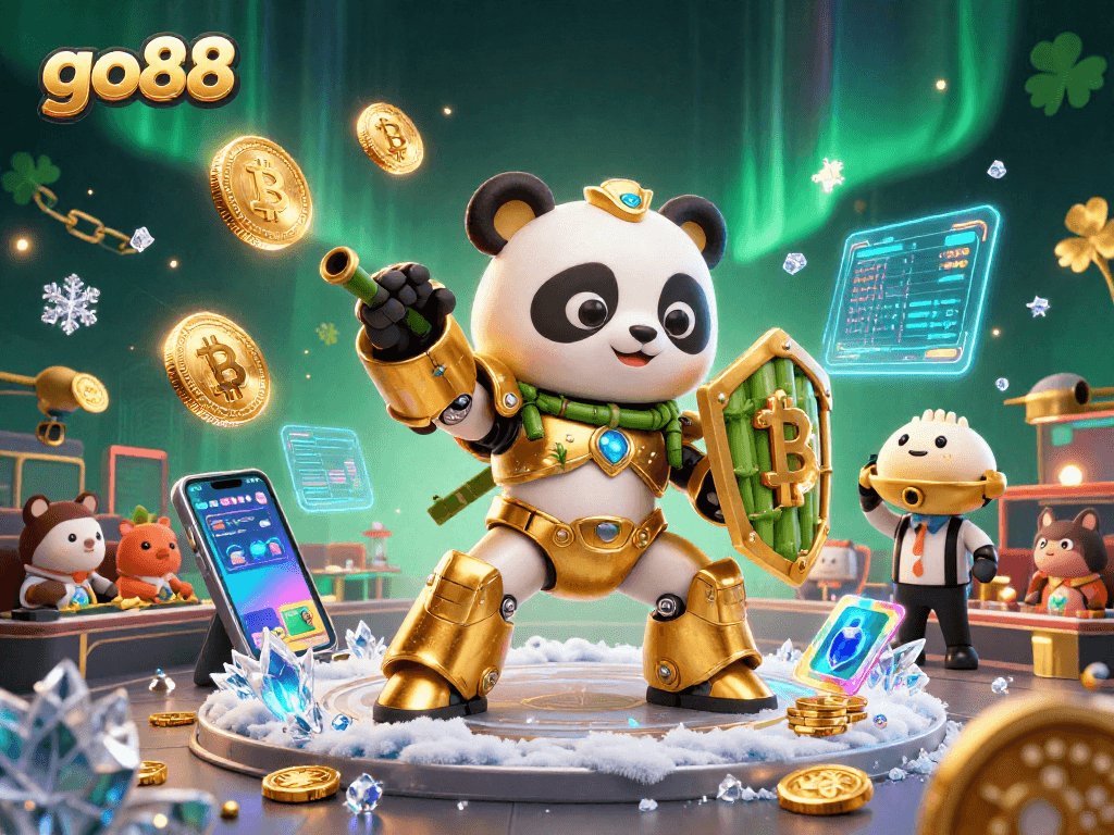 Engage in thrilling gameplay with go88 as a golden panda pilot showcases its mech-suit in a lively casino.