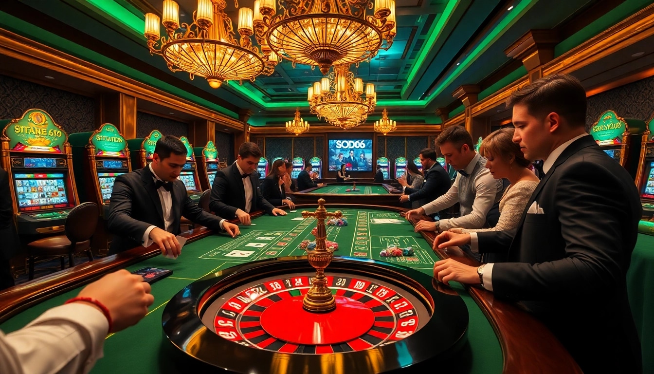SODO66 players excitedly betting at a vibrant casino table with cards and chips.