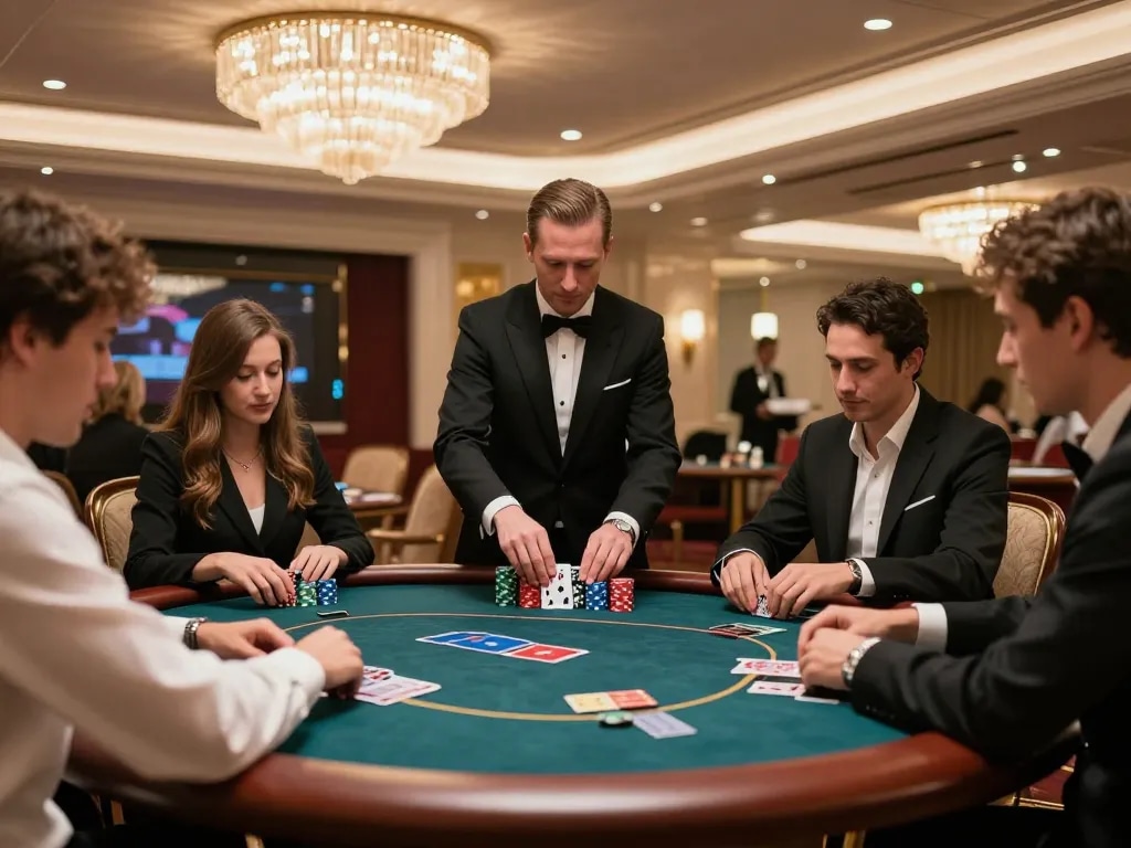 Engaged players at 33WIN poker table in a luxurious casino VIP area, showcasing high-stakes gaming excitement.