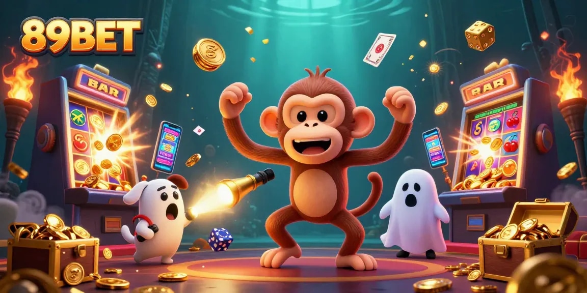 Engage with thrilling games at 89BET while a mischievous monkey juggles golden coins in a vibrant casino.