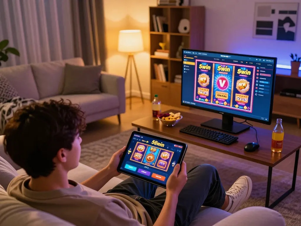 Engaging in online gaming with 58win, showcasing casino app on tablet in a cozy home environment