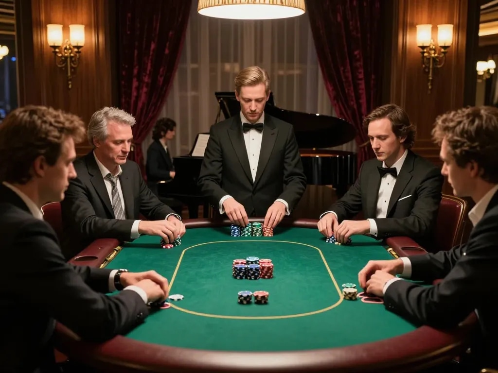 Players strategizing at a high-stakes poker game featuring sc88, luxurious atmosphere, and strategic gameplay.