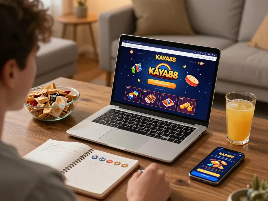 KAYA88 online gaming session showcasing user interacting with casino bonuses and strategies at home.