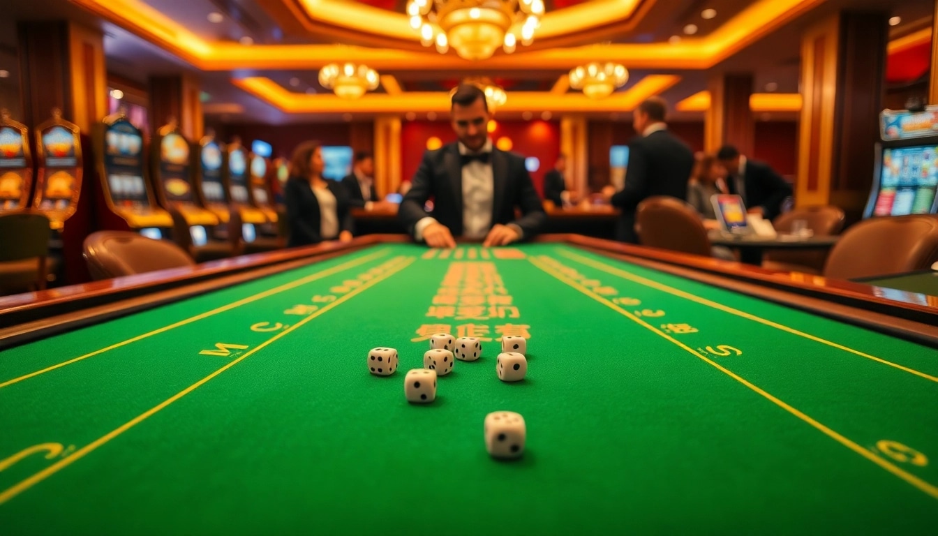 Tài xỉu MD5 gaming table surrounded by excitement and luxury in a vibrant casino.