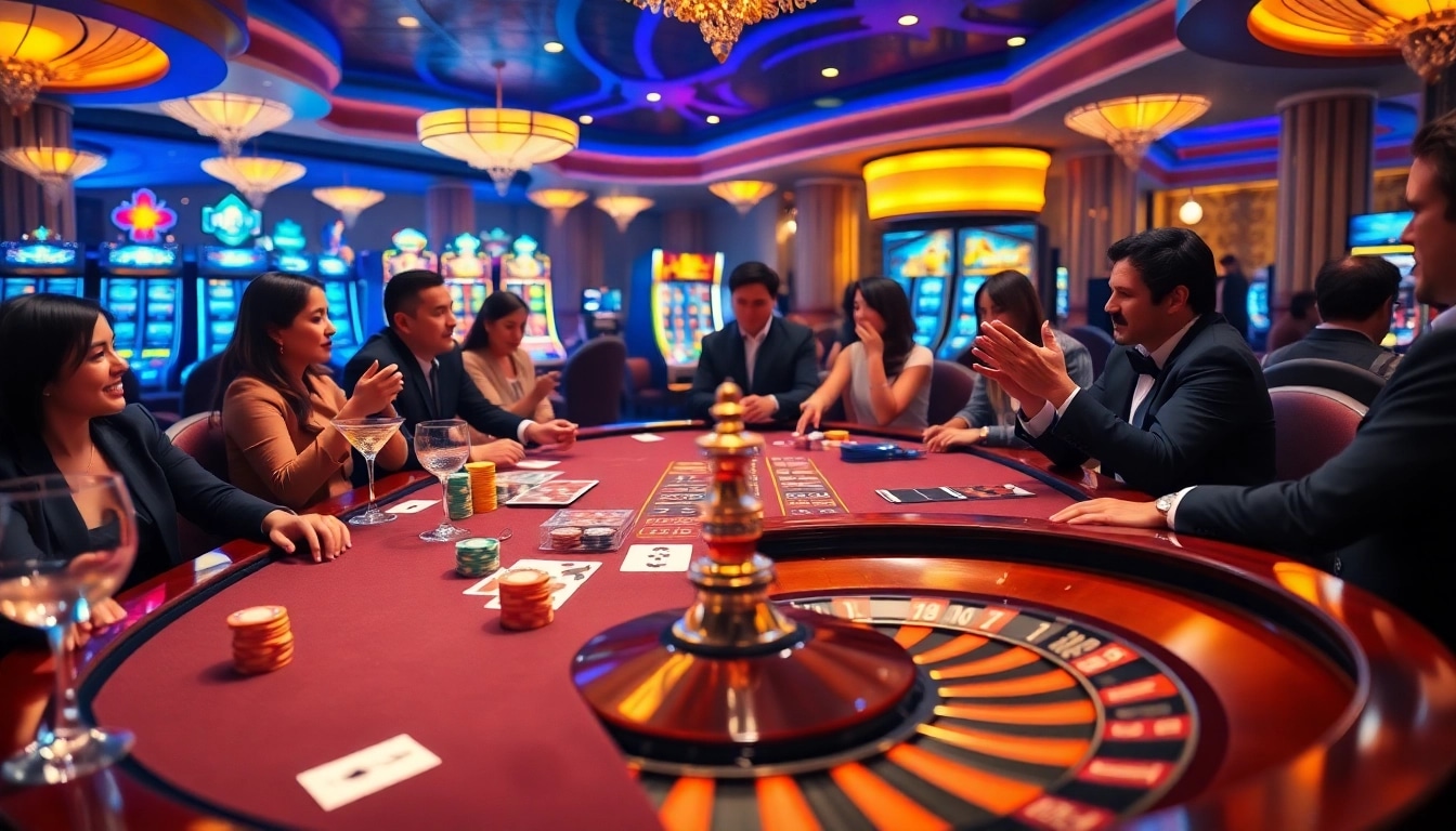 Players experiencing thrilling poker strategies at a 7M casino table filled with vibrant chips and cards.