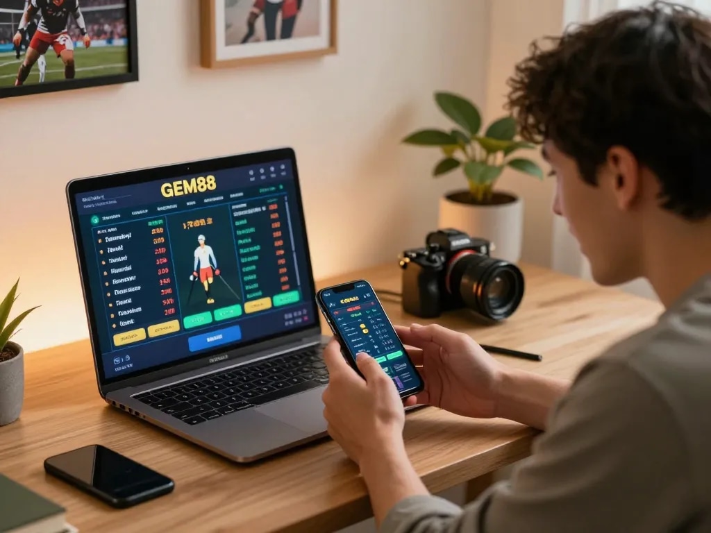 Place strategic bets on GEM88 with excitement using mobile sports betting in a modern home office.