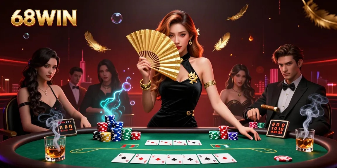 Experience thrilling poker action at 68WIN with a gorgeous Asian woman amidst colorful poker chips and rich game elements.