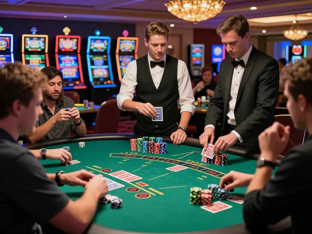 Engaging blackjack game scene showcasing SC88 strategy with players' intense focus and casino atmosphere.