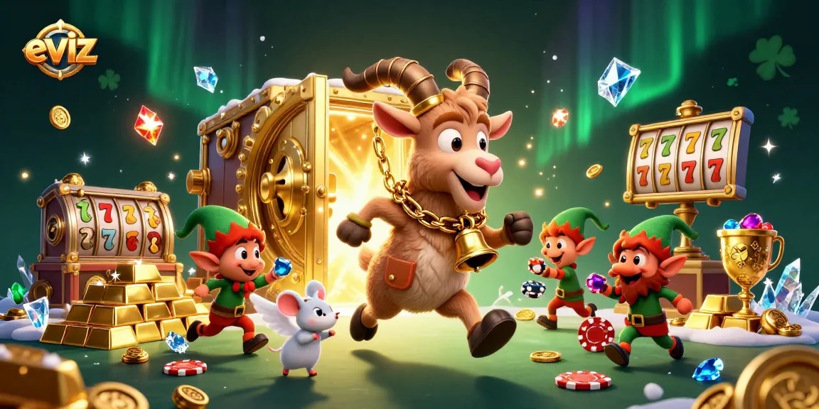 Join the excitement at eviz with a festive casino scene featuring Krampus, angel mouse, and playful gremlin thieves.