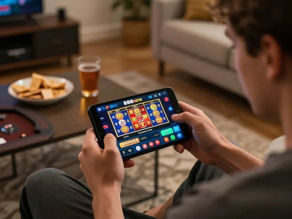 Player engaging in the 888NEW app with online casino games at home focusing on strategic gameplay.